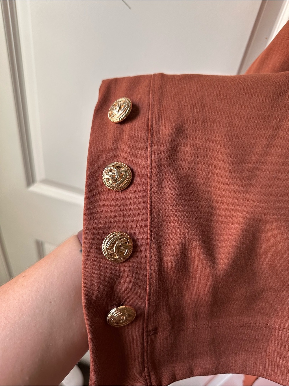 Dear Scarlett Boot-Cut Pants in Rust with Hem Button Detail - Picture 4 of 9
